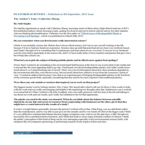 Journal of Emerging Investigators: The Author's Take, Sept. 2013