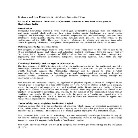 Features and key processes in knowledge intensive firms 