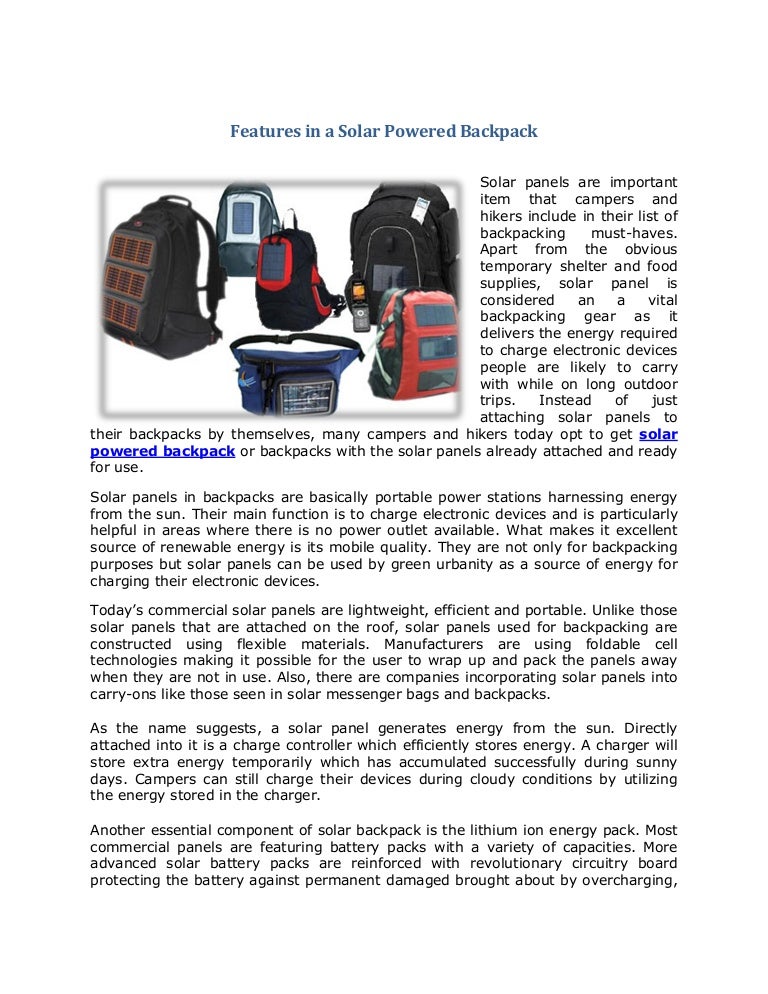 Features in a Solar Powered Backpack