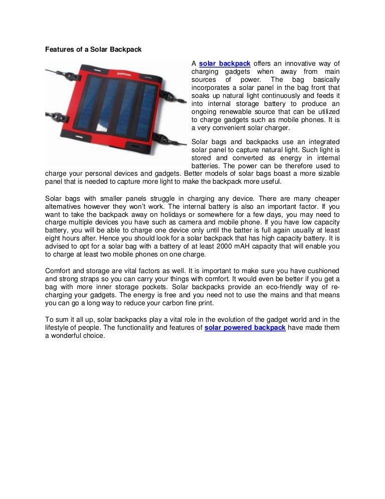 Features of a solar backpack