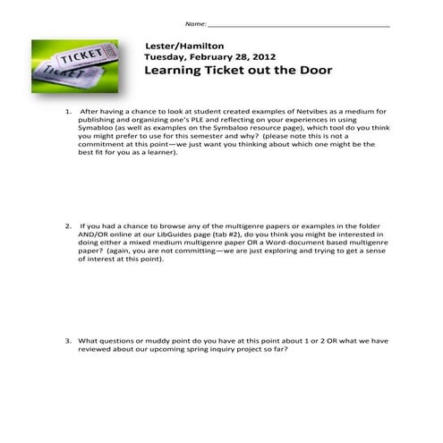 February 28, 2012 Ticket out the Door