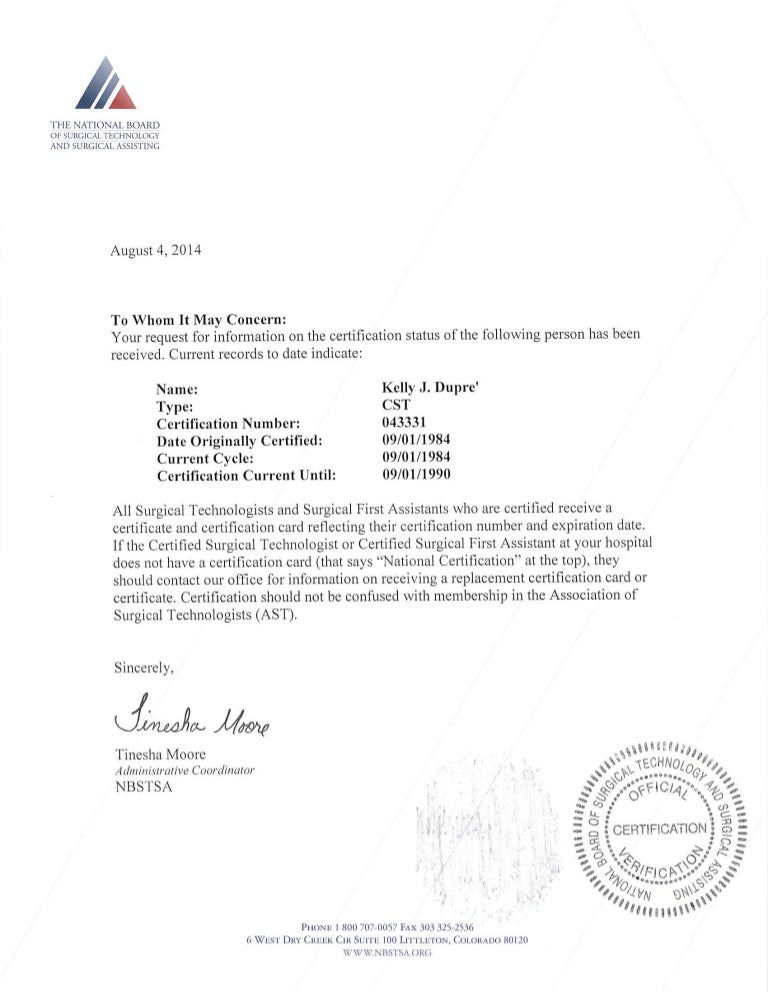 Verification of Surgical Tech. Certification