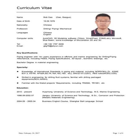 CV for Bob Gao 022017