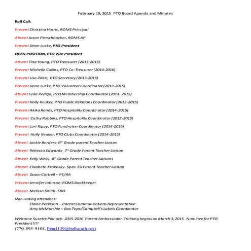 February 10 2015 pto board agenda and minutes