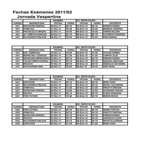 Fechas Exámenes Escuela de Secretariado Vespertino