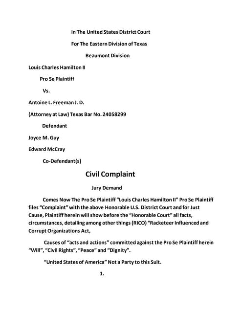 (RICO) Federal complaint Defendant(s) Antoine L. Freeman J. D. (Attorney at L...