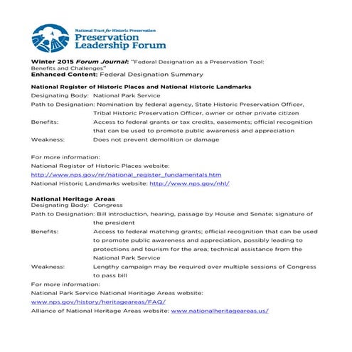 Forum Journal (Winter 2015): Federal Designation Summary