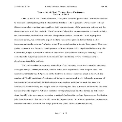 FOMC - Federal Reserve Meeting Transcript March 16 2016