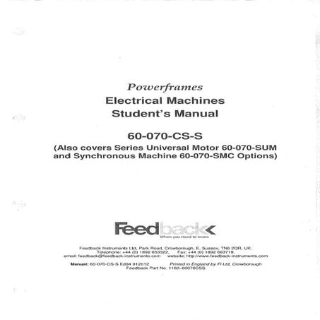 FeedBack Powerframes Electrical Machines Student's Manual | PDF