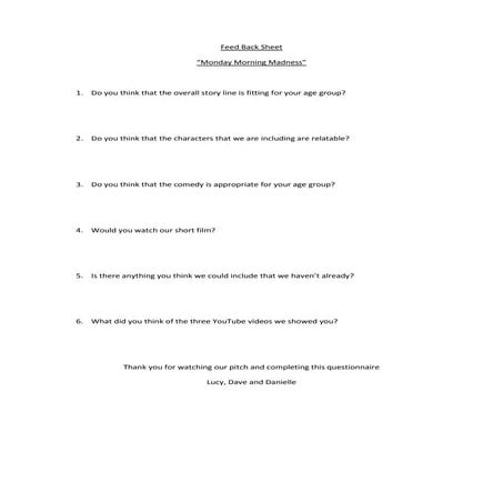 Feed Back Sheet from our pitch