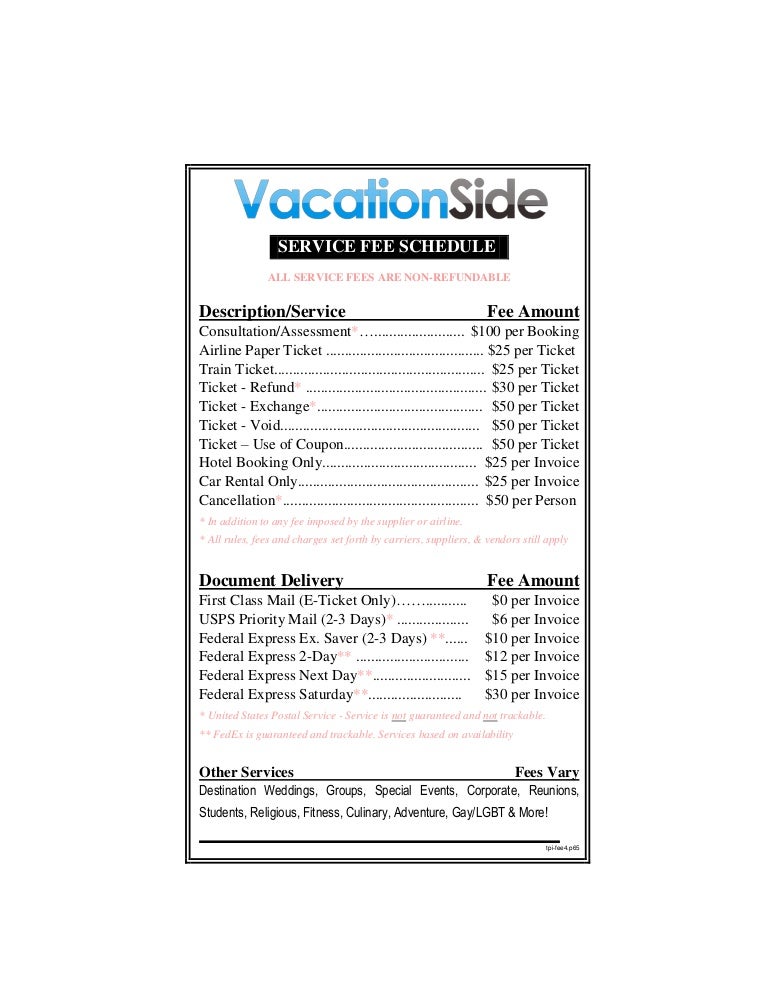 Travel Agency Fee schedule