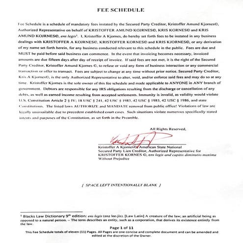 Kristoffer Kjornes Fee Schedule for Violations by U.S. Citizens, public  officials, government officers, and de facto color of law representatives  published c/o Tarrant County Clerks Office | PDF