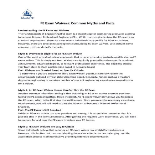 FE Exam Waivers Common Myths and Facts. | DOCX