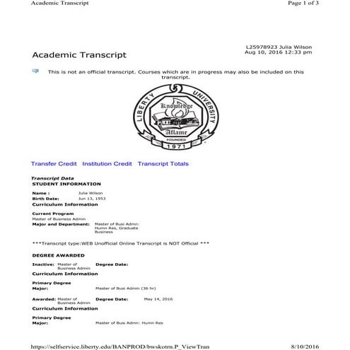 Liberty U unofficial transcript