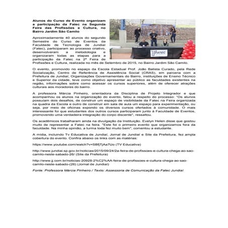 Fatec Jundiaí participa da Feira de Profissões no bairro São Camilo