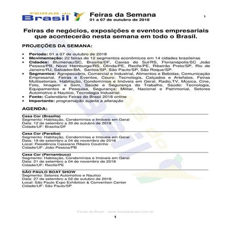 Feiras da Semana: 01 a 07 de outubro de 2018