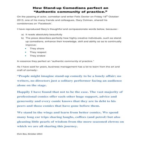 How Stand-up Comedians perfect an "Authentic Community of Practice"