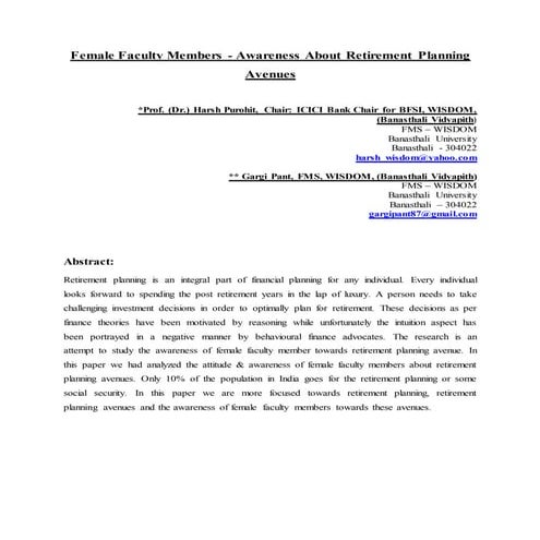 Female faculty members   awareness about retirement planning avenues