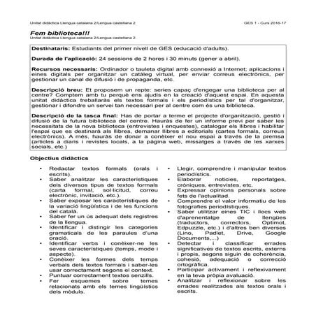 Fem biblioteca!!! - Unitat didàctica GES 1 (Llengua catalana 2 i Lengua castellana 2)