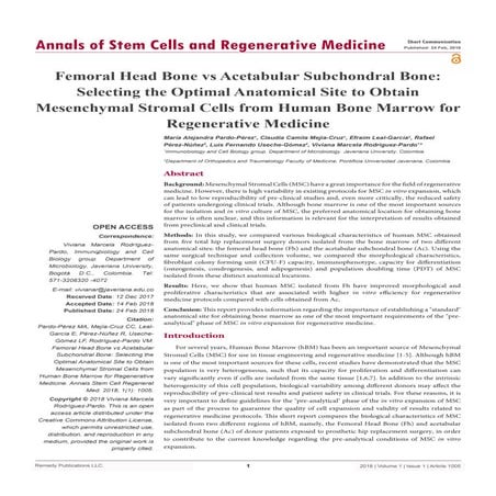 Femoral Head Bone vs Acetabular Subchondral Bone:  Selecting the Optimal Anatomical Site to Obtain  Mesenchymal Stromal Cells from Human Bone Marrow for  Regenerative Medicine