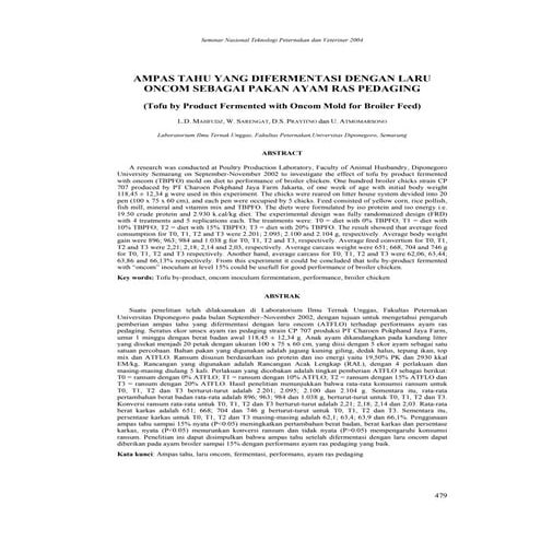Fermetasi ampas tahu dengan laru oncom sebagai pakan ayam ras pedaging
