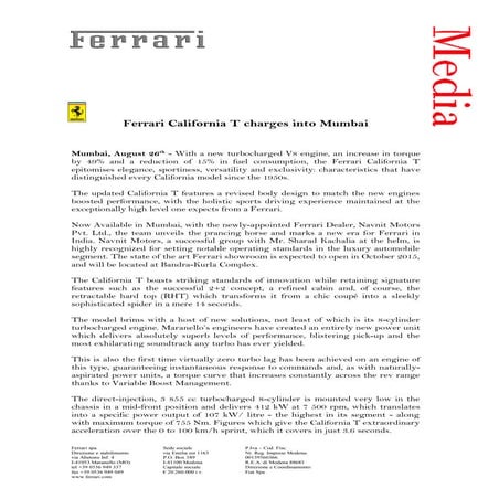 Ferrari California T India press release