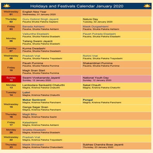 Festivals Calendar January 2020 | PDF