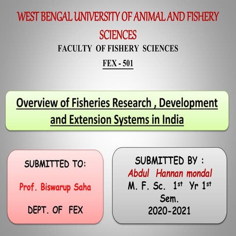 Overview of fisheries research development and Extension Systems in India