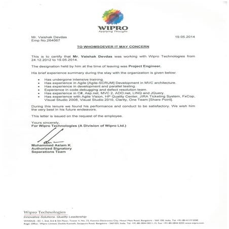 Wipro Exp Letter | PDF