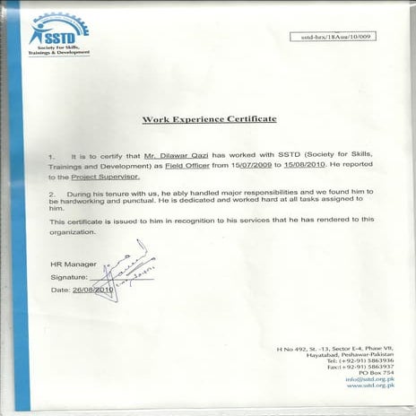 SSTD Work experience certificate