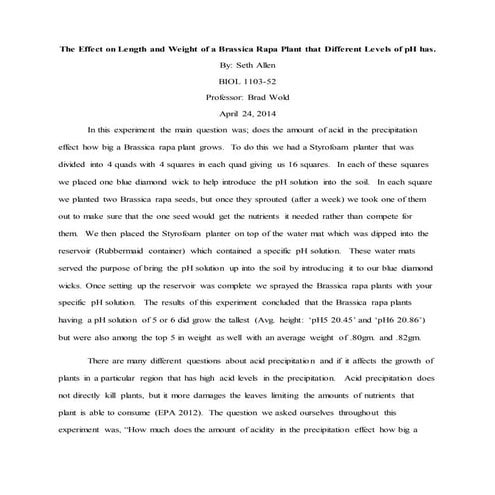 The Effect on Growth of the Different levels of pH on Brassica Rapa | DOCX