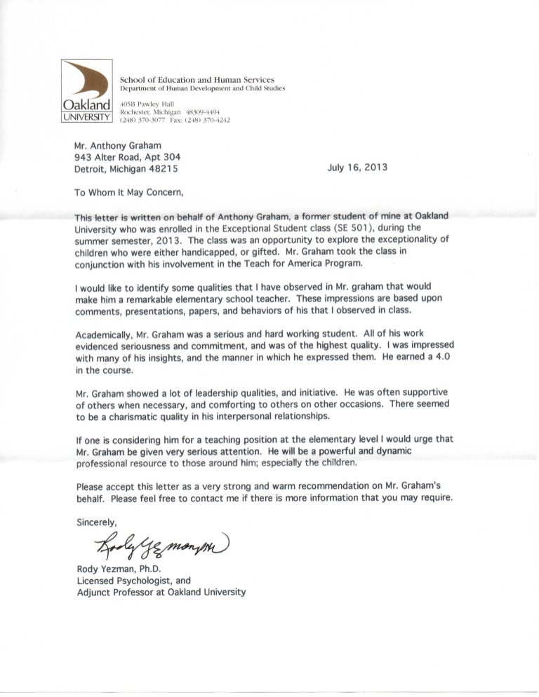 Oakland University Letter Dr Yezman