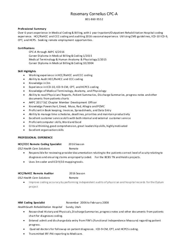 Rosemary Cornelius Medical Coding Resume