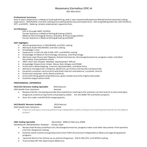 Rosemary Cornelius Medical Coding Resume