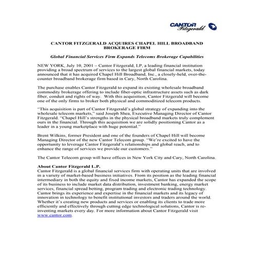 CANTOR FITZGERALD ACQUIRES CHAPEL HILL BROADBAND BROKERAGE FIRM ...
