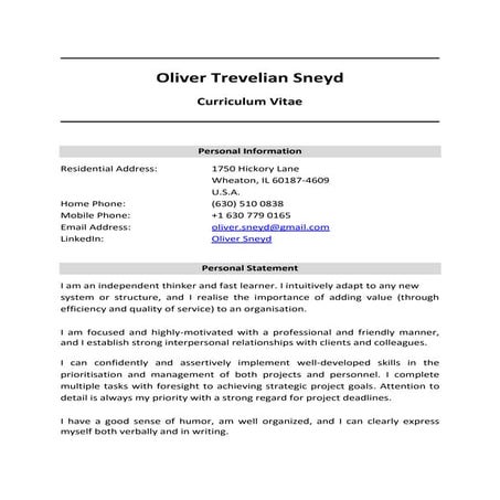 Oliver Trevelian Sneyd (curriculum vitae)