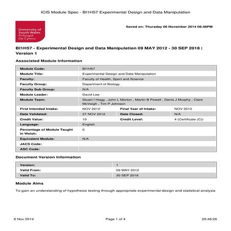 ICIS Module Spec - BI1H57 Experimental Design and Data Manipulation
