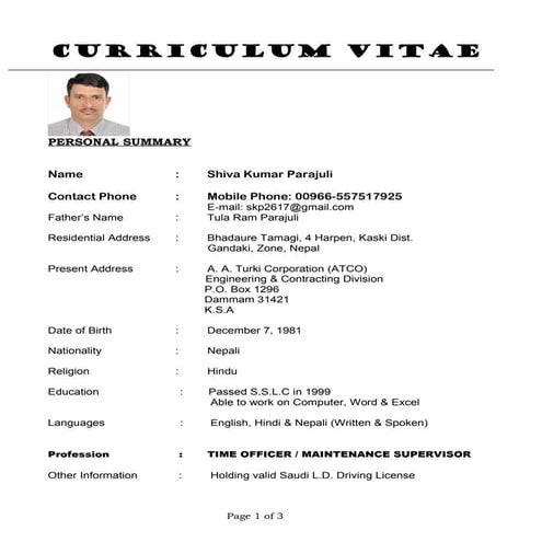 CV Shiva-Sr. Time Keeper