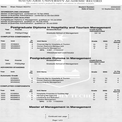MBA Academic Transcript 2003 Macq BRHeath | PDF