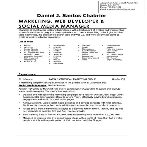 Resume Daniel J Marketing, Web Developer & Social Media | PDF ...