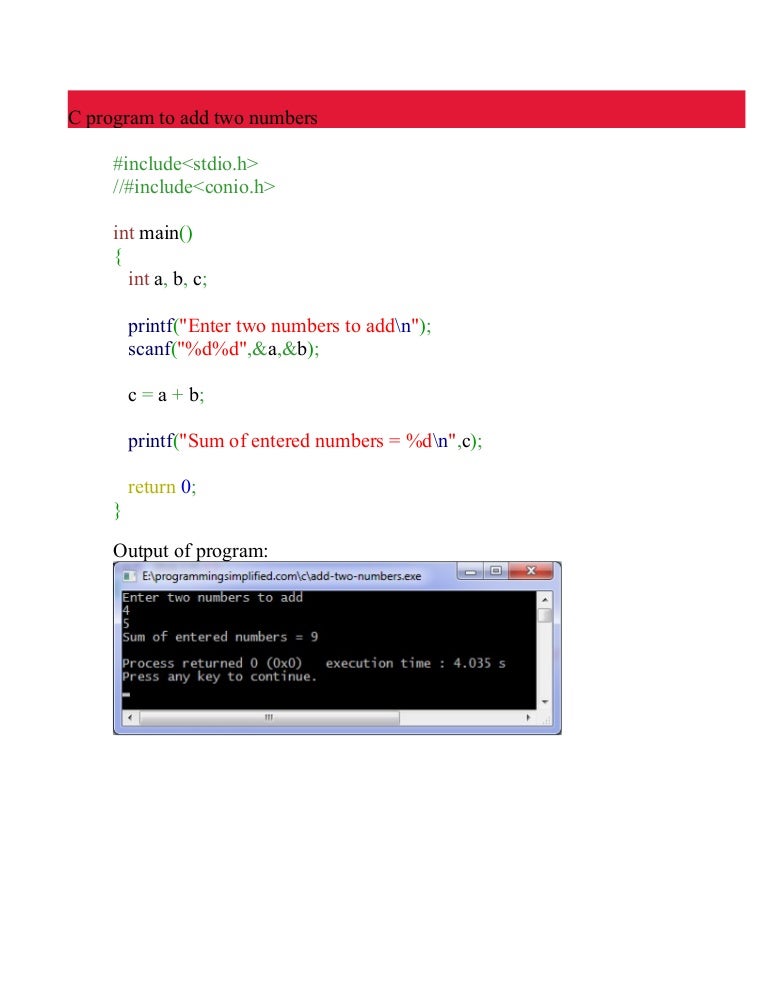 C program to add two numbers