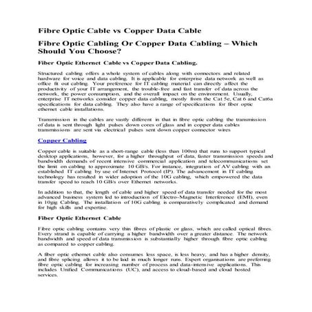 Fibre optic cable vs copper data cable