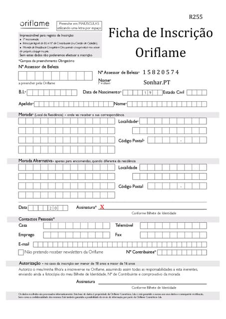 Ficha de Inscrição Oriflame