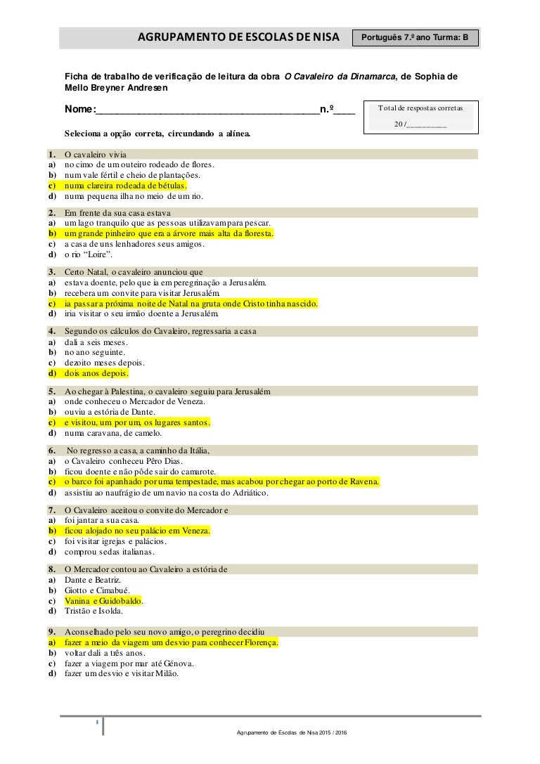 O Cavaleiro Da Dinamarca Ficha De Trabalho Com Soluções
