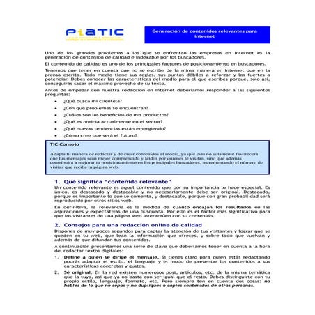 Documento PIATIC: Generación de contenidos relevantes para internet
