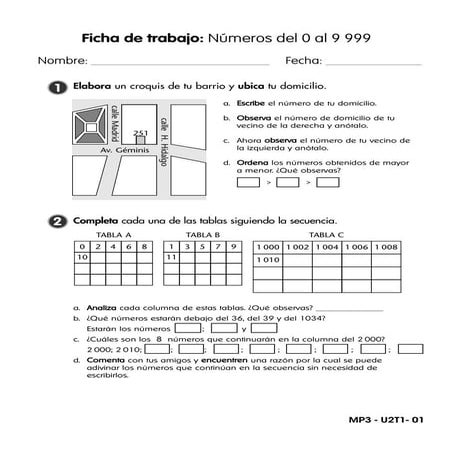 Ficha  mate hasta  9999 para 3er grado 