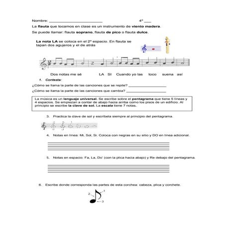 Las notas. Flauta LA. Ficha 2 de 4º