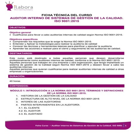 Ficha curso online ISO 9001