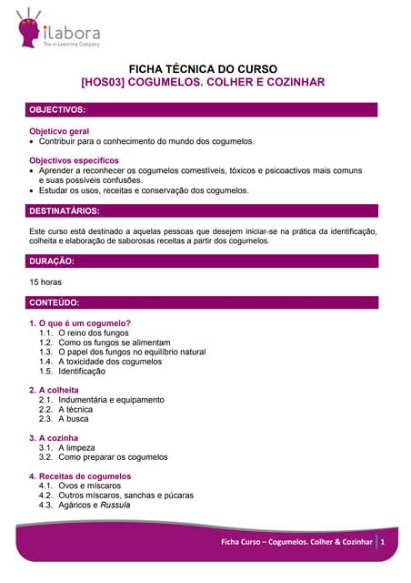 Curso Cogumelos: colher e cozinhar