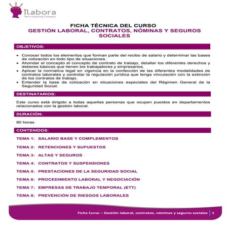 Ficha curso gestion laboral, contratos, nominas y seguros sociales